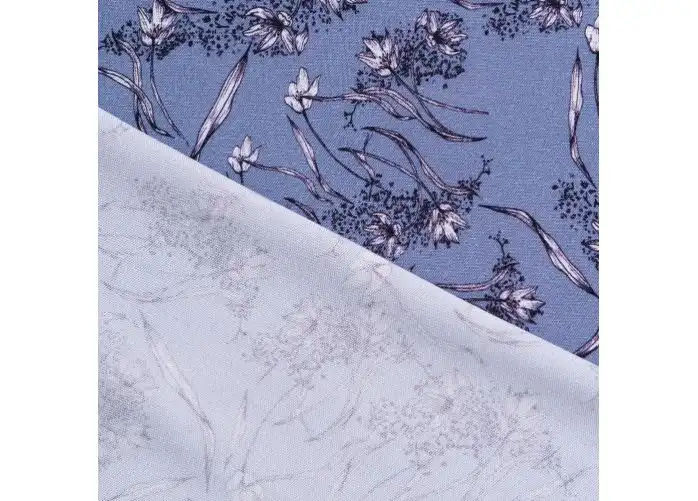 Tkanina bambusowa białe kwiaty na niebieskoszarym